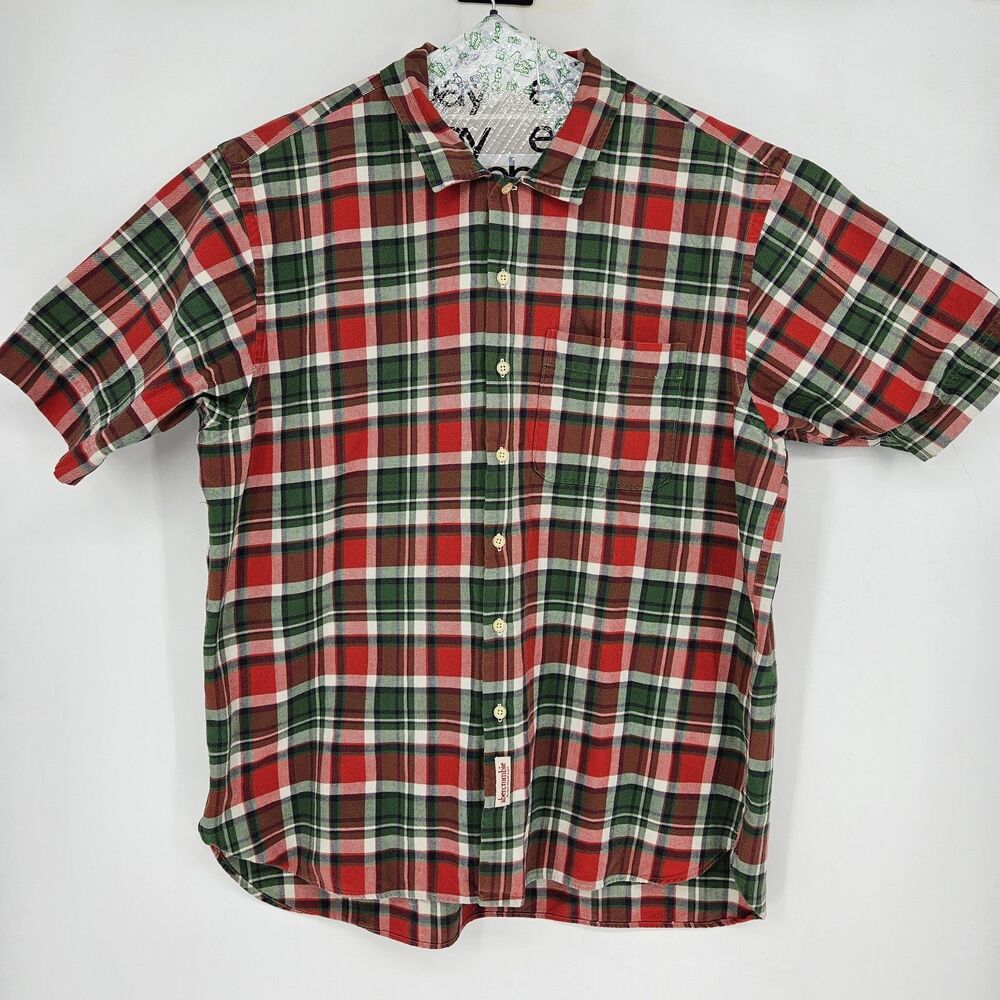 Vtg‎ Abercrombie Flannel Shirt Mens XL Red Green Plaid Short Sleeve Casual